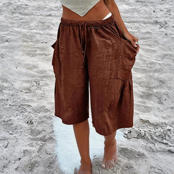 Bermuda Shorts for Women Linen Baggy Wide Leg Cargo Shorts with Pockets Summer Casual Outdoor Beach Vacation Outfits Brown L
