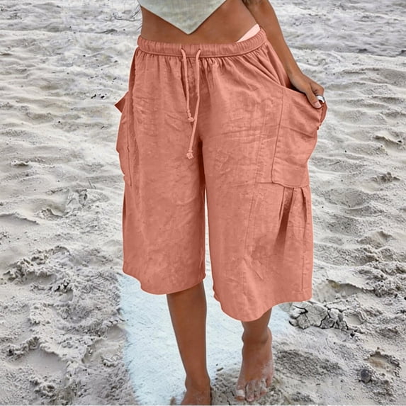 Bermuda Shorts for Women Linen Baggy Wide Leg Cargo Shorts with Pockets Summer Casual Outdoor Beach Vacation Outfits Ginger M