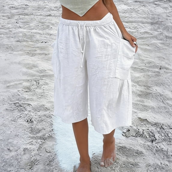 Bermuda Shorts for Women Linen Baggy Wide Leg Cargo Shorts with Pockets Summer Casual Outdoor Beach Vacation Outfits White M