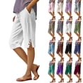 thumbnail image 1 of Bermuda Shorts for Women Linen Cotton Capri Knee Length High Waisted Side Split Long Shorts Button Casual Lounge Pants Green M, 1 of 8