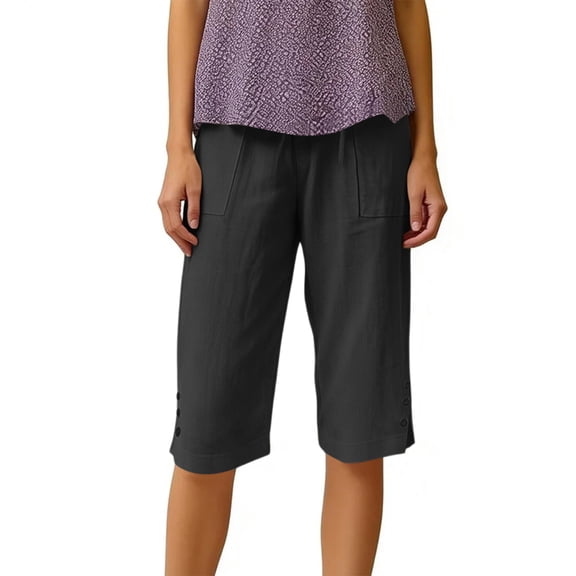 Bermuda Shorts for Women Linen Shorts Knee Length Pull On Casual Summer Capri Pants Long Shorts Black S 13" Inseam