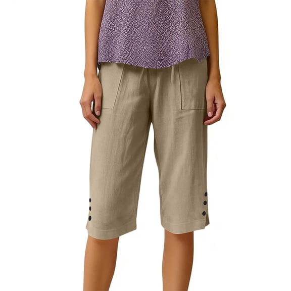Bermuda Shorts for Women Linen Shorts Knee Length Pull On Casual Summer Capri Pants Long Shorts Khaki L 14" Inseam
