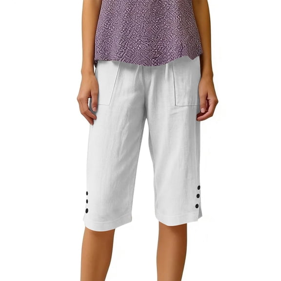 Bermuda Shorts for Women Linen Shorts Knee Length Pull On Casual Summer Capri Pants Long Shorts White XL 15" Inseam