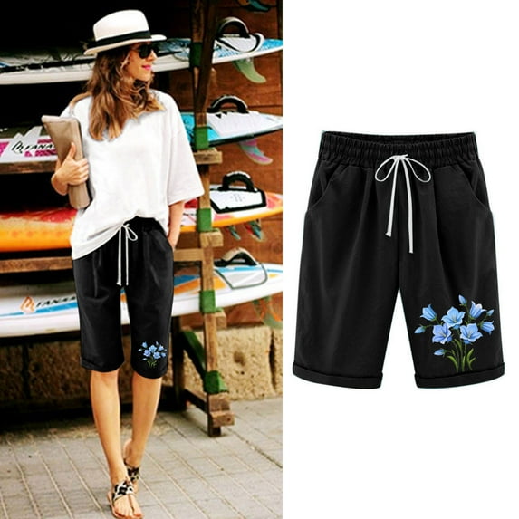 Bermuda Shorts for Women Stretchy Shorts for Summer Knee-Length Casual Bermuda Shorts Floral Print Walking Hiking Shorts Women 2024