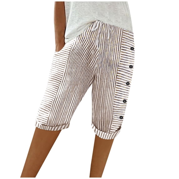 Bermuda Shorts for Women Striped Drawstring Elastic Waist Side Button Casual Shorts with Pockets