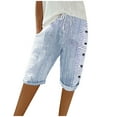thumbnail image 1 of Bermuda Shorts for Women Striped Drawstring Elastic Waist Side Button Casual Shorts with Pockets, 1 of 6