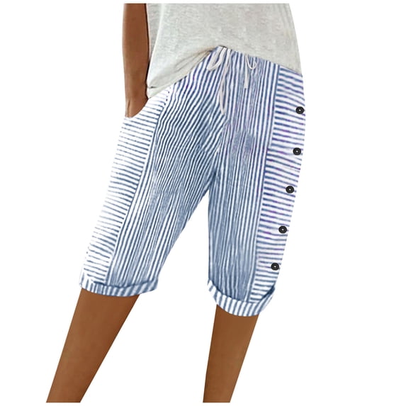 Bermuda Shorts for Women Striped Drawstring Elastic Waist Side Button Casual Shorts with Pockets