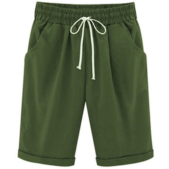 Bermuda Shorts for Women Summer Casual Cotton Pants Knee Length Bermuda Short Elastic Waist Drawstring Pocket Capris