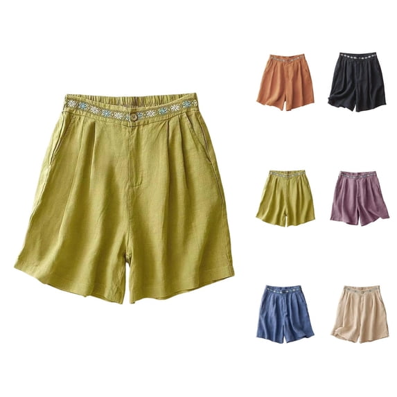 Bermuda Shorts for Women Summer Casual Elastic Waist Wide Leg Loose Fit Cotton Linen Boho Beach Shorts with Pockets