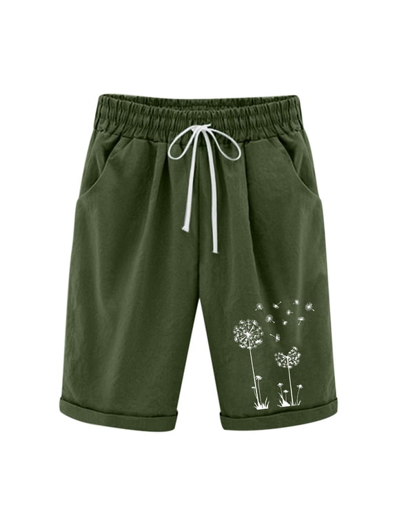 Bermuda Shorts for Women Summer Casual Linen Pants Knee Length Bermuda Short Elastic Waist Drawstring Pocket Capris Army Green XL