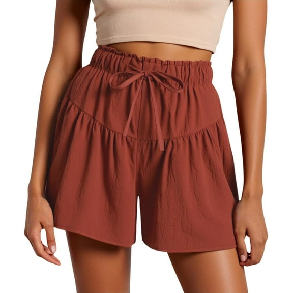 Bermuda Shorts for Women Summer Drawstring Ruffle Elastic Solid Color Casual Beach Loose High Waisted Short with Pockets S-3XL