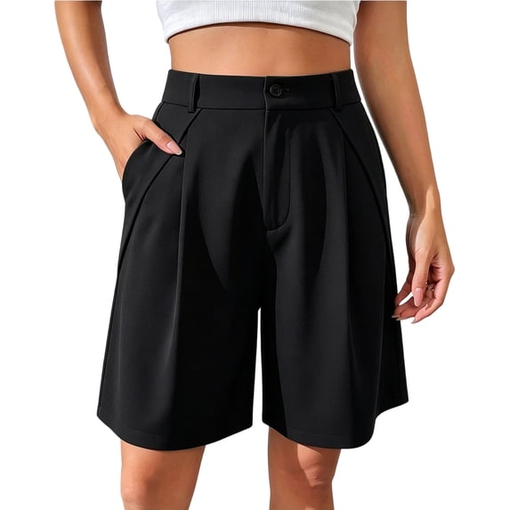 Bermuda Shorts for Women Summer Dressy Casual Elastic High Waisted Wide Leg Knee Length Shorts with Pockets Black XL(XL)