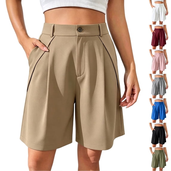 Bermuda Shorts for Women Summer Dressy Casual Elastic High Waisted Wide Leg Knee Length Shorts with Pockets Khaki XL(XL)