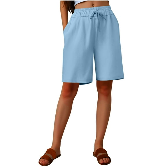 Bermuda Shorts for Women Summer Elastic Waist Drawstring Shorts Casual High Waiste Wide Leg Shorts with Pockets