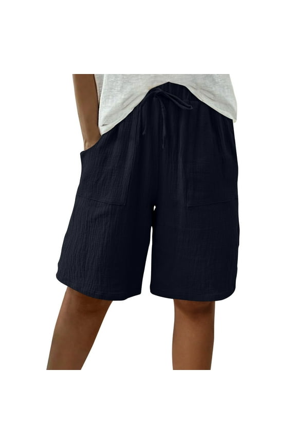 Bermuda Shorts for Women Summer Solid Drawstring Elastic Waist Knee Length Casual Lightweight Shorts with Pockets Navy L