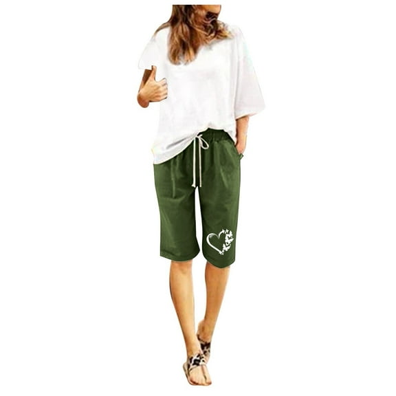 Bermuda Shorts for Women Trendy 2025 Summer Printed Cotton Linen Drawstring Loose Elastic Casual Beach Loose High Waisted Short S-3XL