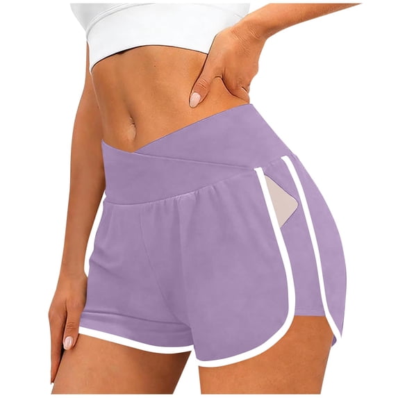 Bermuda Shorts for Women Trendy Color Blocking Cross Elastic Waist Summer Trendy Beach Volleyball Running Shorts with Pockets Purple S-2XL
