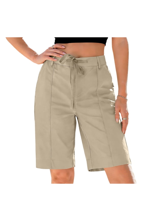 Bermuda Shorts for Women Trendy High Waist Knee Length Chino Long Shorts Drawstring Summer Casual Solid Color Short Khaki