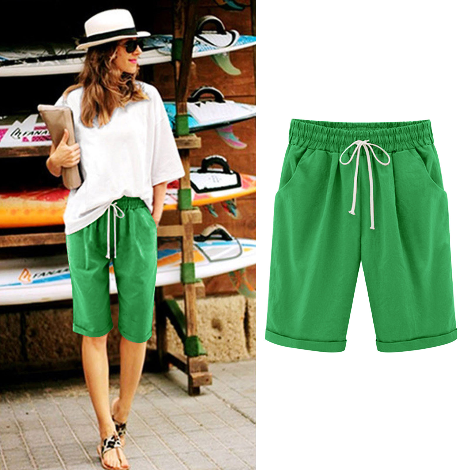 Bermuda Shorts For Women Trendy Summer 2025 Beach Drawstring Knee Bermuda Shorts For Women Trendy Summer 2025 Beach Drawstring Knee
