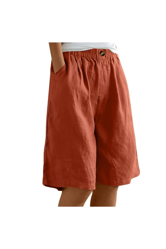 Bermuda Shorts for Women Wide Leg Cotton Linen Knee Length Summer Casual Long Shorts Loose Elastic Waist Short with Pockets