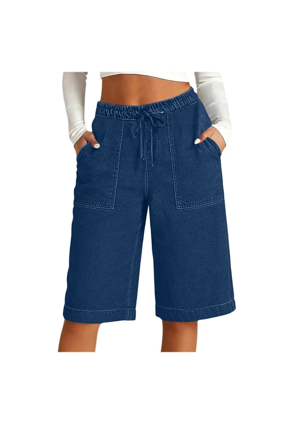 Bermuda Soild Jean Shorts for Women Knee Length High Waisted Denim Shorts Summer Baggy Jorts Pockets