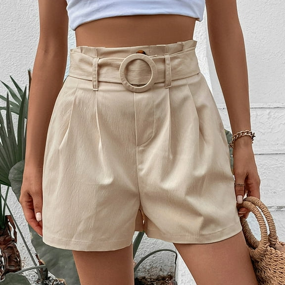 Bermuda Summer Shorts for Women Pleated High Waisted Belt Wide Leg Pant Dressy Casual Work Short with Pockets (M, Beige)