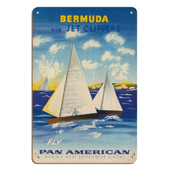 Bermuda via Jet Clippers - Fly - Sail in Somers Isles - Vintage Airline Travel Poster by Edward McKnight Kauffer c.1950s - 8 x 12 inch Vintage Wood Art Sign