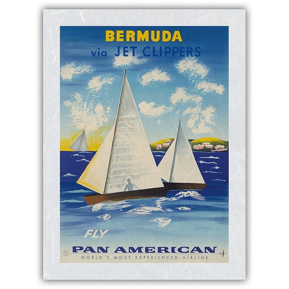 Bermuda via Jet Clippers-Fly Pan American World Airways-Sail in Somers Isles-Vintage Airline Travel Poster by Edward McKnight Kauffer c.1950s-Japanese Unryu Rice Paper Art Print (Unframed) 12 x 16 in