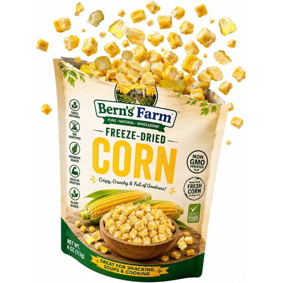 Berns Farm Freeze-Dried Sweet Corn, 100% Natural, Crunchy Ready-to-Eat Snack & Cooking Ingredient, No Additives, Non-GMO, 4 oz