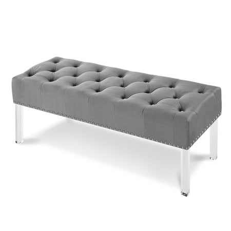 Bernard 49 Inch Velvet Upholstered Button Tufted Bench, Gray- Saltoro Sherpi