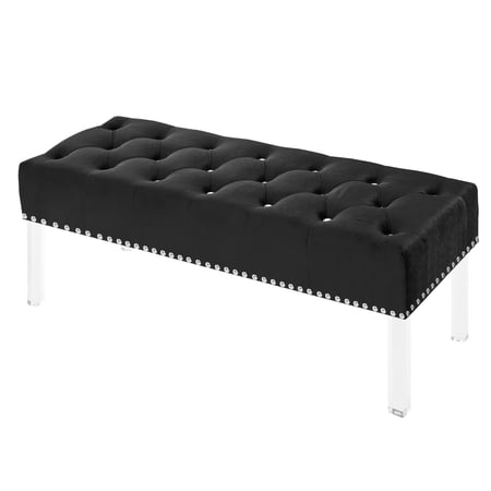 Bernard 49 Inch Velvet Upholstered Buttoned Bench, Black- Saltoro Sherpi