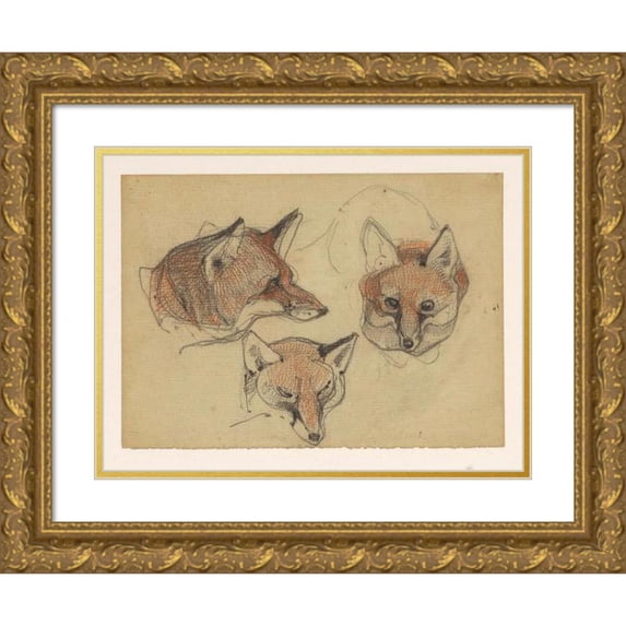 Bernard Willem Wierink 24x19 Gold Ornate Framed and Double Matted Museum Art Print Titled - Three Fox Heads (1866)