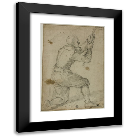 Bernardino Poccetti 11x14 Black Modern Framed Museum Art Print Titled - Man on Bended Knee, Pulling on Rope (C. 1604)
