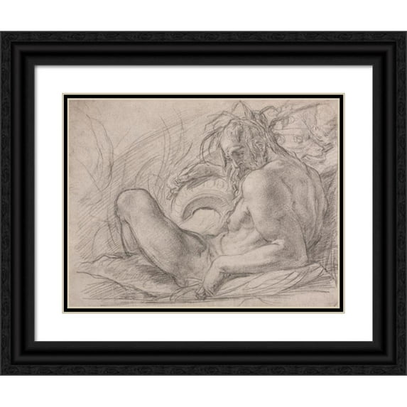 Bernardino Poccetti 24x19 Black Ornate Framed Double Matted Museum Art Print Titled: The River God Tiber (Study for a Fresco, Miracle of the Snow, or the Foundation of Santa Maria