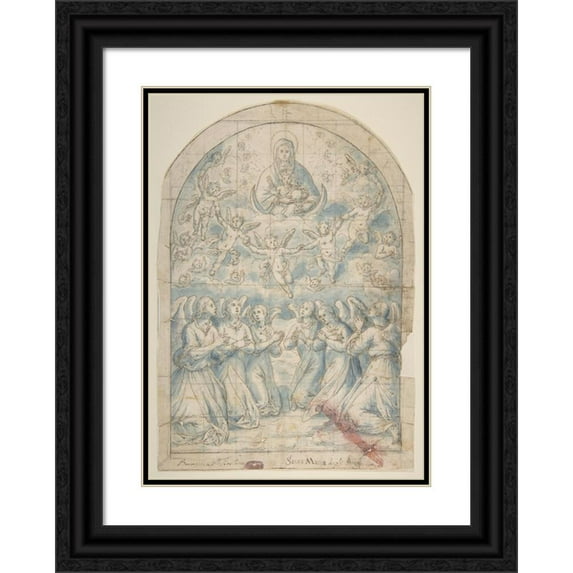 Bernardino Rodriguez 18x24 Black Ornate Framed Double Matted Museum Art Print Titled: Madonna and Child in Glory Adored by Angels (1600-1650)