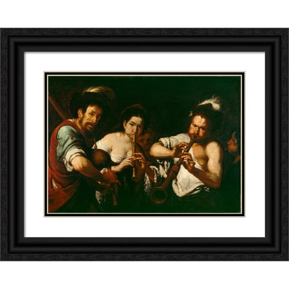 Bernardo Strozzi 24x18 Black Ornate Framed Double Matted Museum Art Print Titled: Street Musicians (ca. 1630)