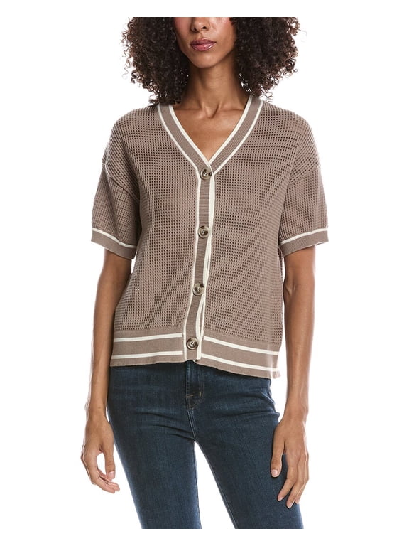womens Basketweave Tipped Cardigan, xs, White