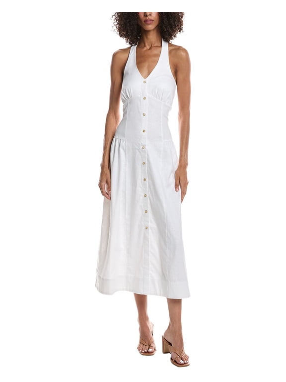 womens Linen-Blend Halter Midi Dress, l, White