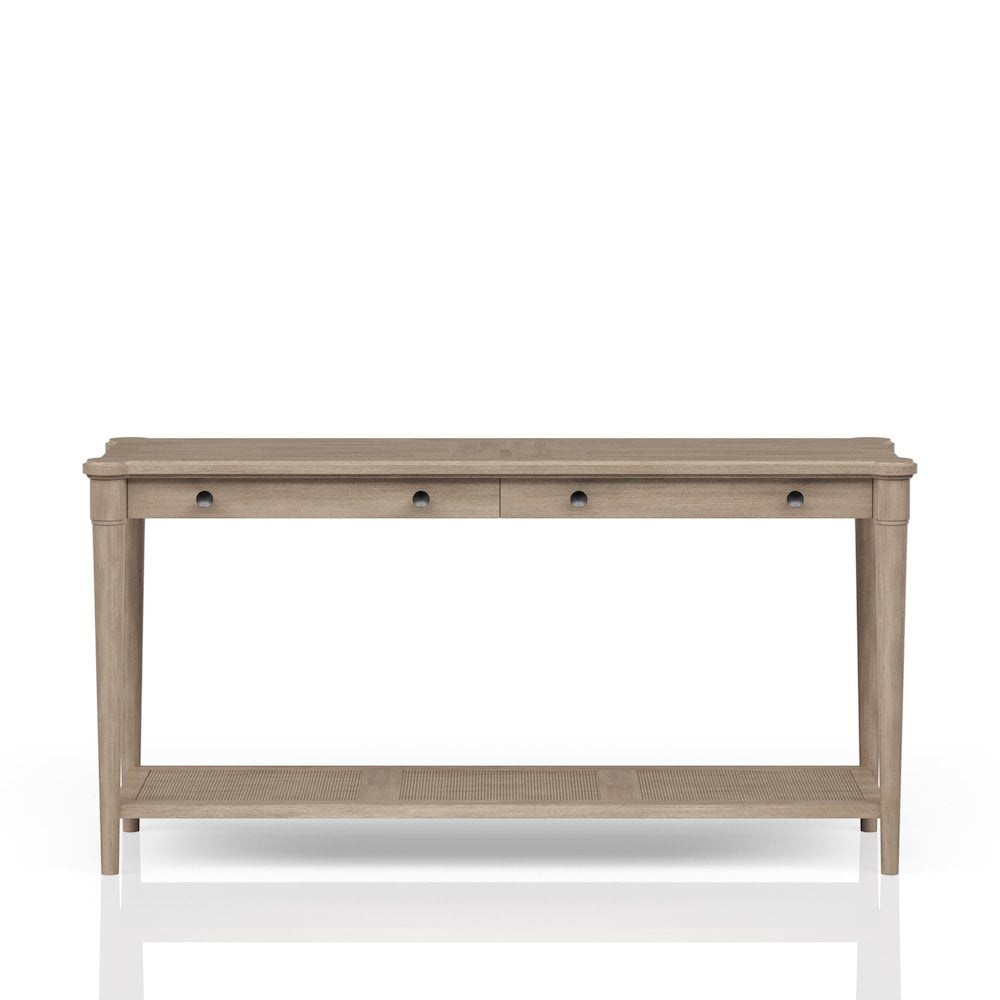 Sand-Colored Wood Sofa Table with Cane Shelf and Storage Drawers