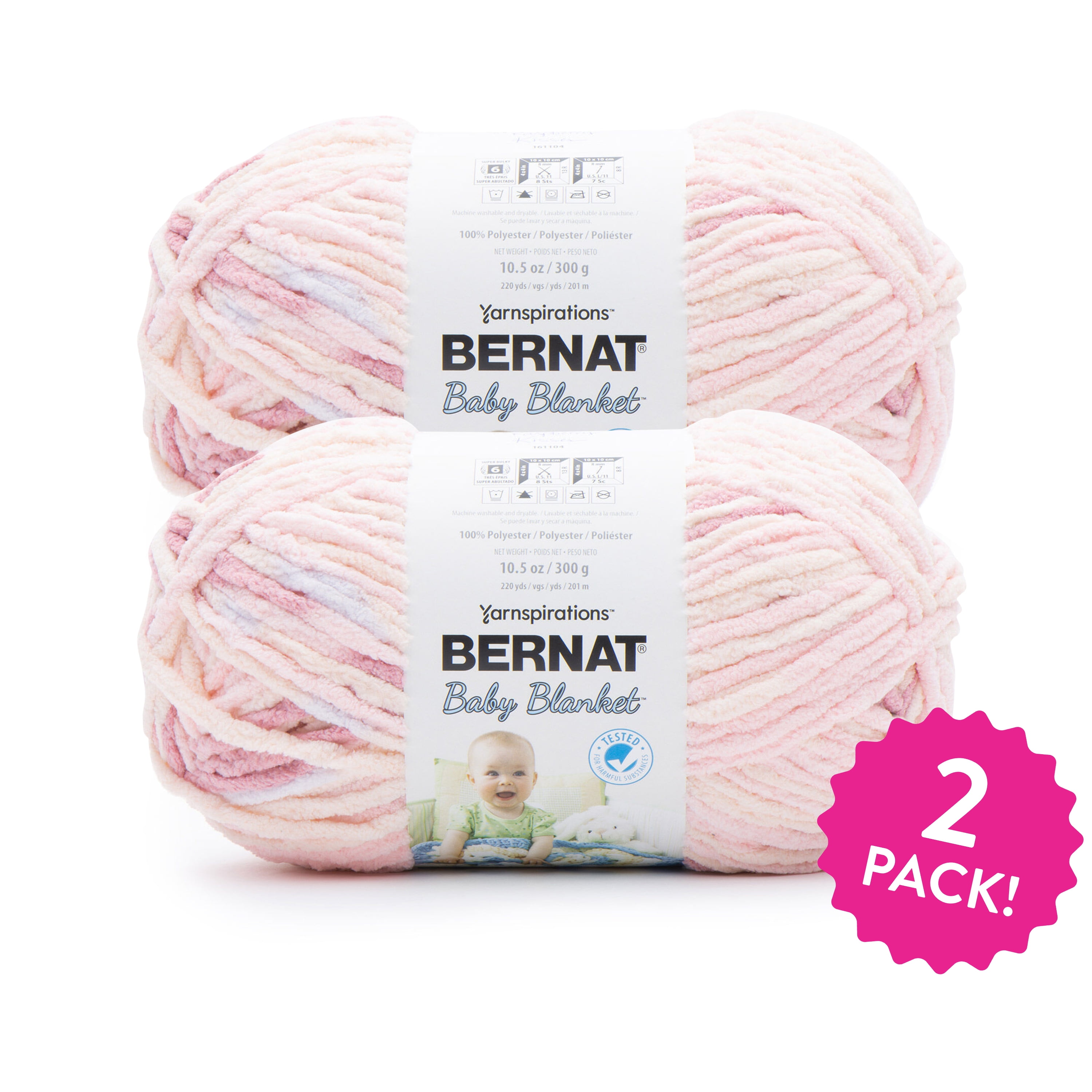 Bernat Baby Blanket Yarn, Raspberry Kisses, 10.5oz(300g), Super Bulky, Polyester, 2 Pack