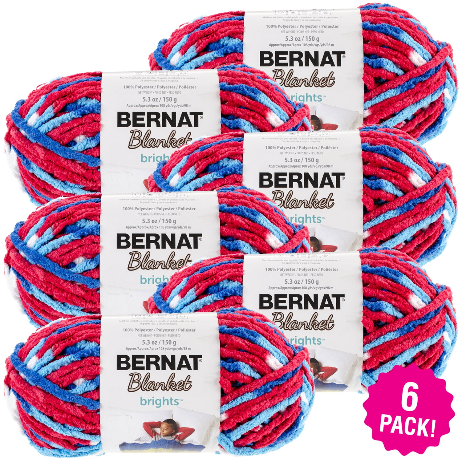 Bernat Blanket Brights Yarn Red, White & Boom Variegated, Multipack