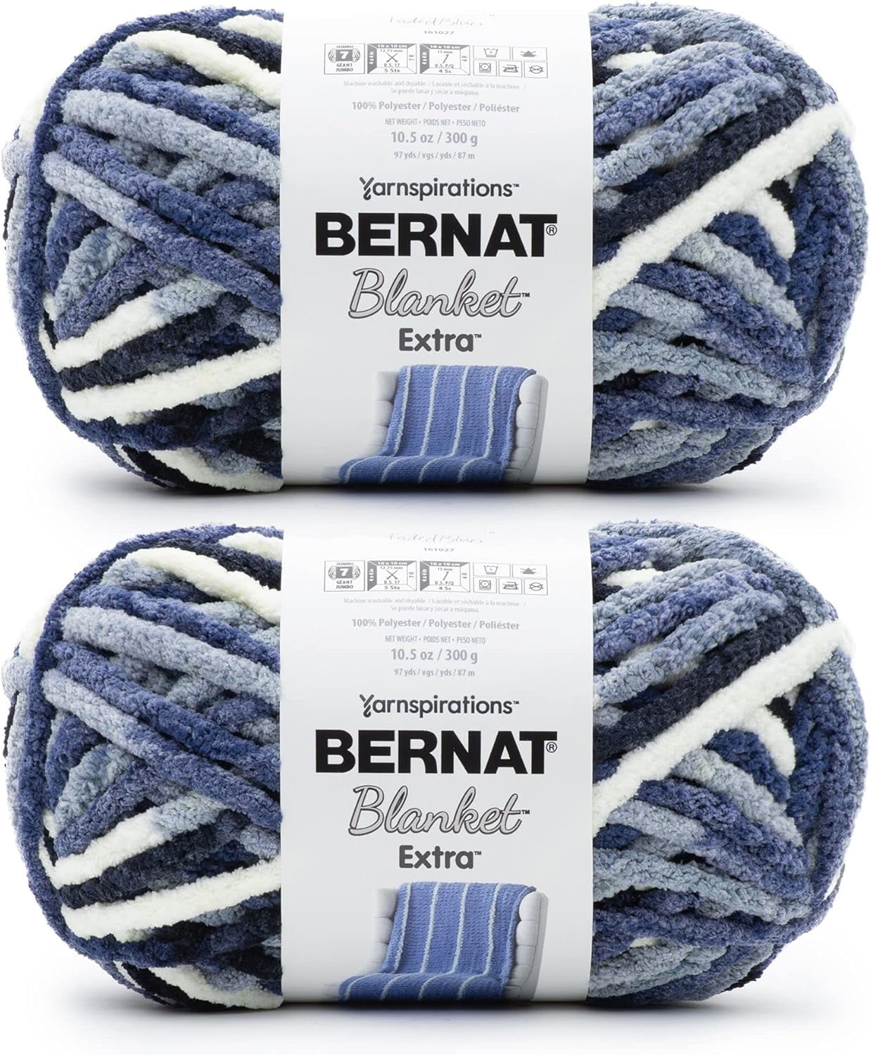 Bernat Blanket Extra Faded Blues Yarn - 2 Pack of 300g/10.5oz - Polyester - 7 Jumbo - 97 Yards - Knitting/Crochet