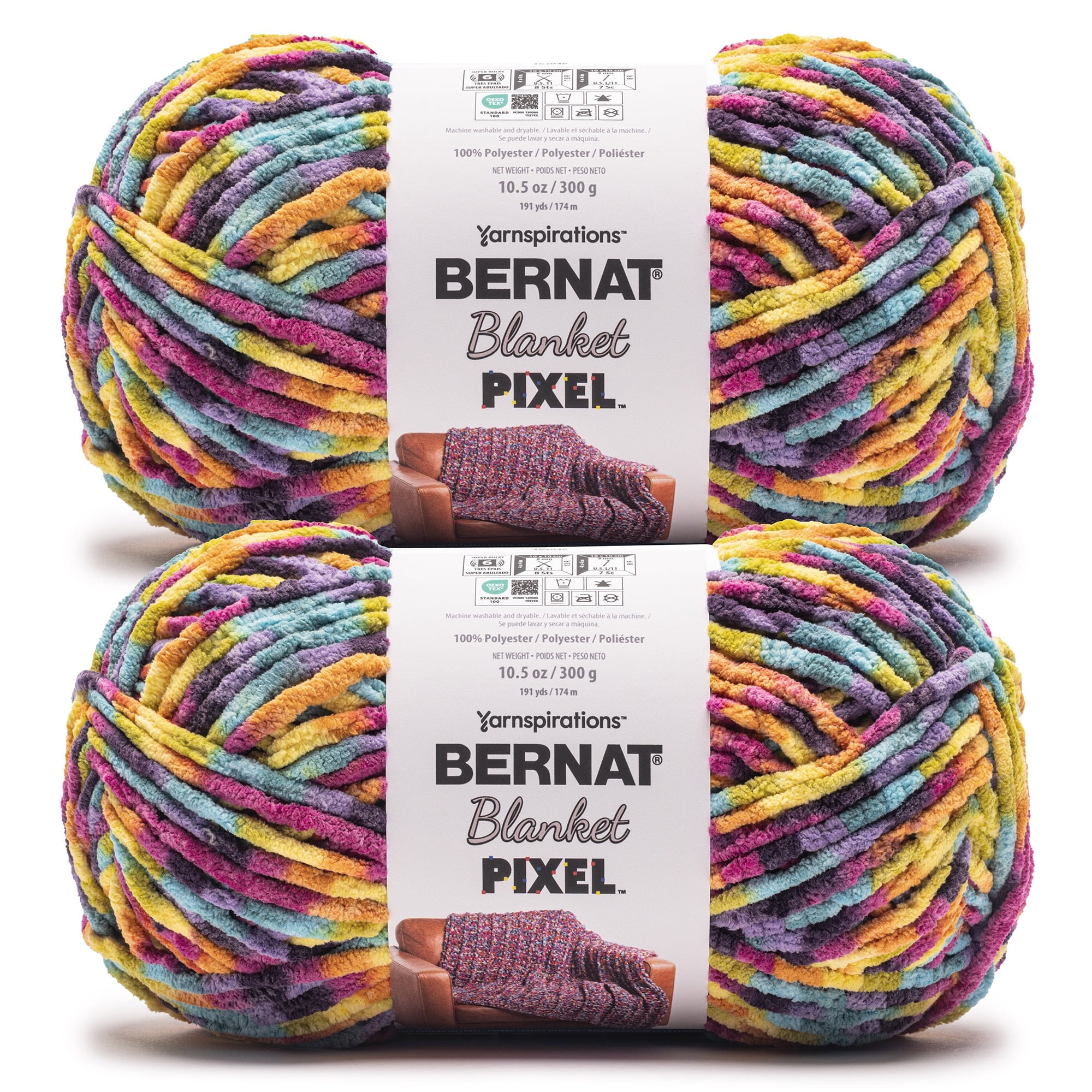 Bernat® Blanket Pixel™ #6 Super Bulky Polyester Yarn, All The Colors 10.5oz/300g 191 Yards (2 Pack)