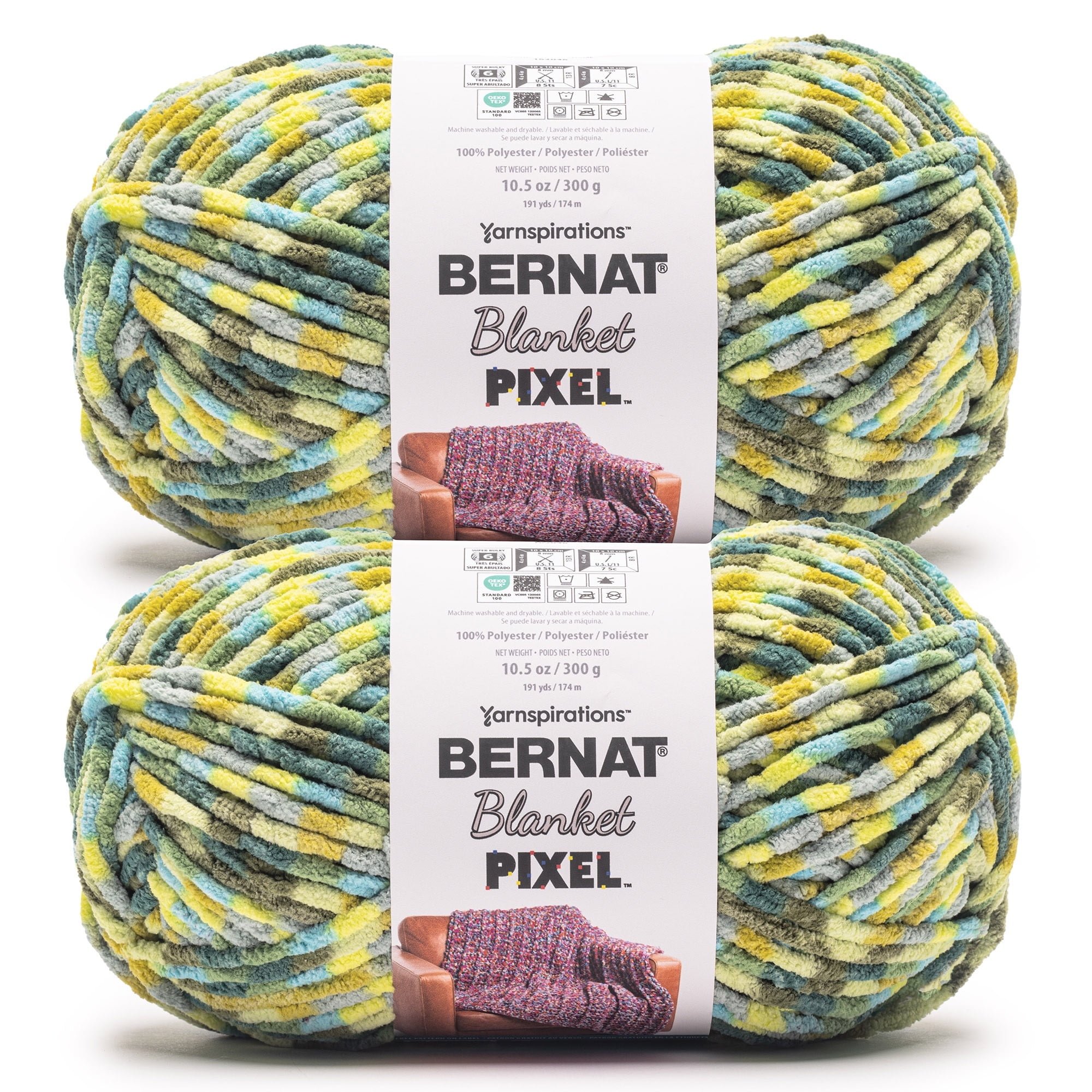 Bernat® Blanket Pixel™ #6 Super Bulky Polyester Yarn, Limeade 10.5oz/300g 191 Yards (2 Pack)