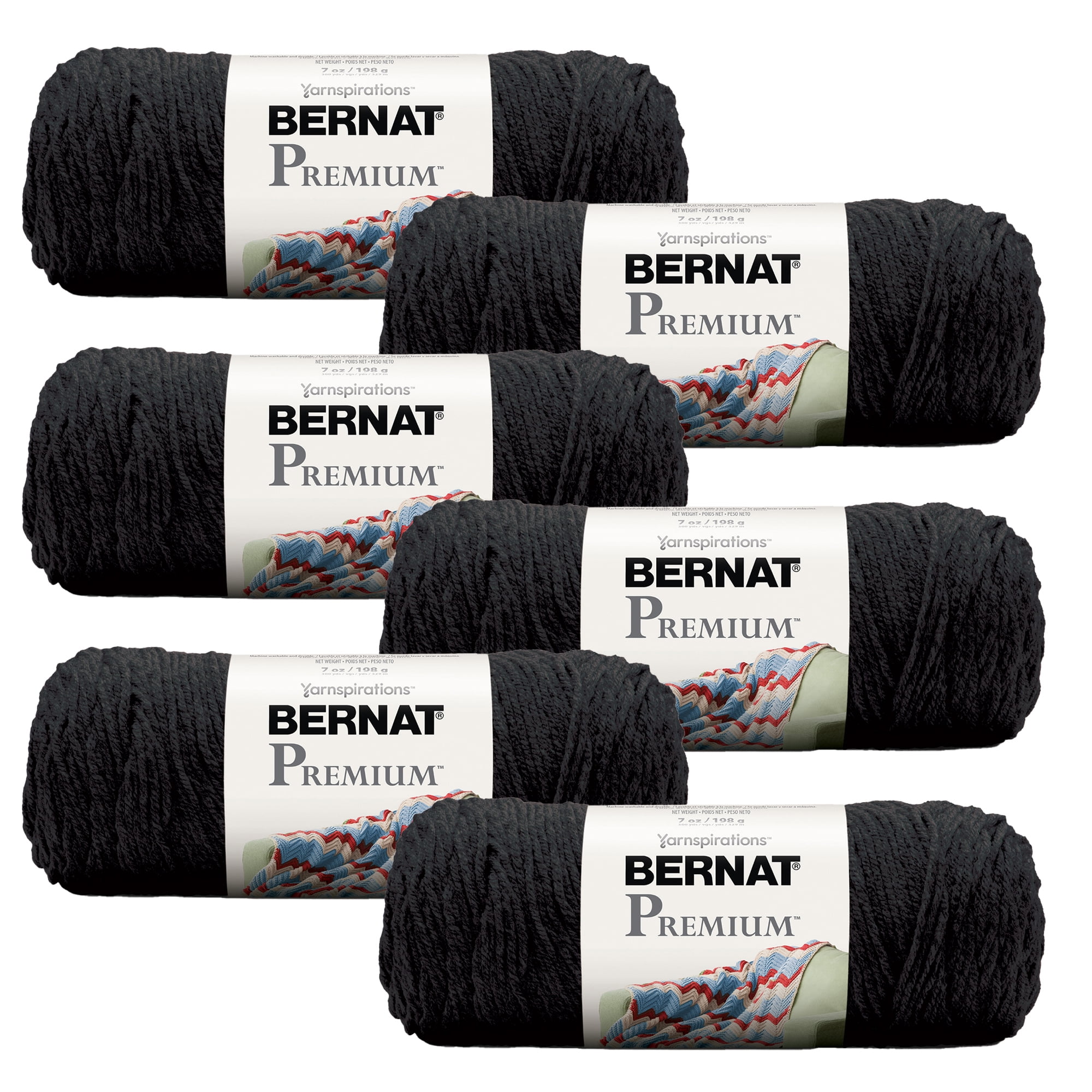 Bernat Premium #4 Medium Acrylic Yarn, Black 7oz/198g, 360 Yards (6 Pack), Size: Six-Pack