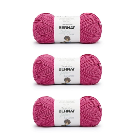 Bernat® Softee® Cotton⢠#3 Light Cotton Blend Yarn, Fuchsia 4.2oz/120g, 254 Yards (3 Pack)