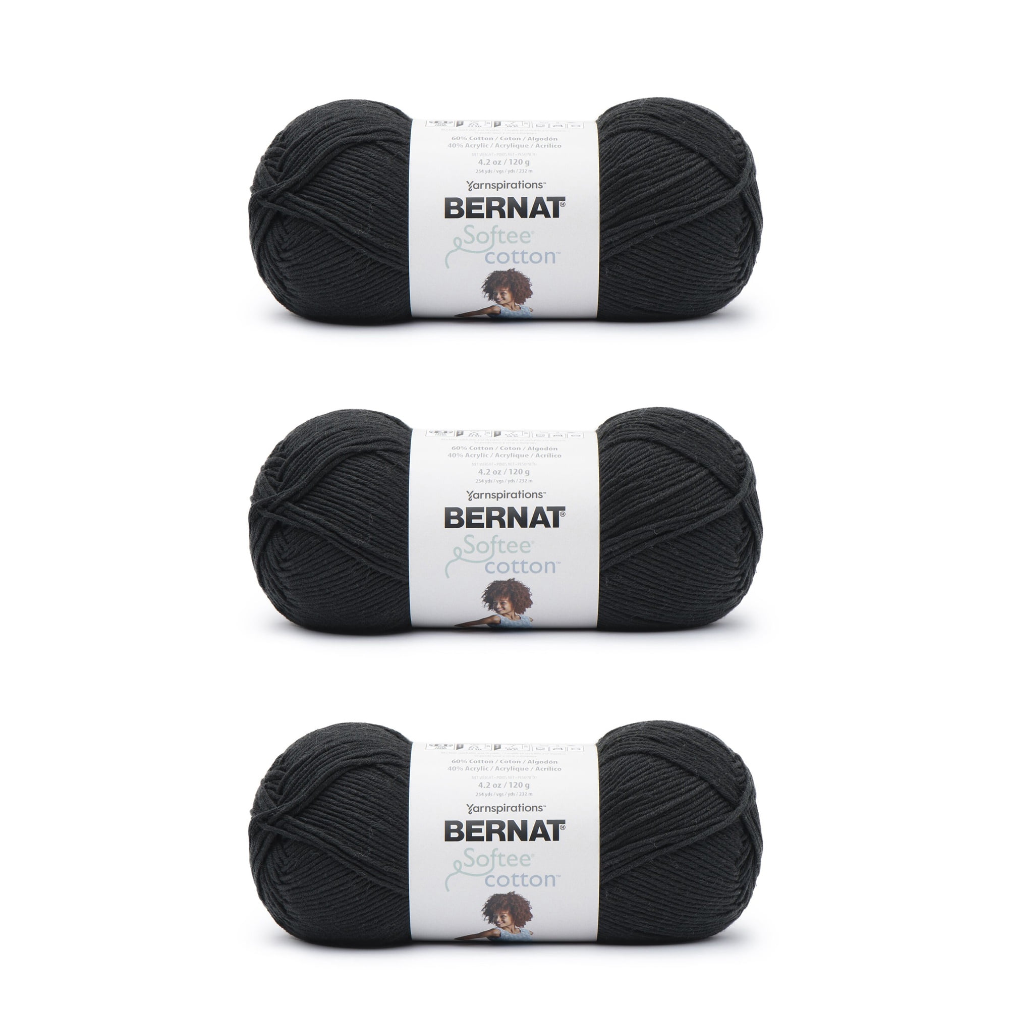 Bernat Softee Cotton Black Yarn - 3 Pack of 120g/4.25oz - Nylon - 3 DK  (Light) - 254 Yards - Knitting, Crocheting & Crafts