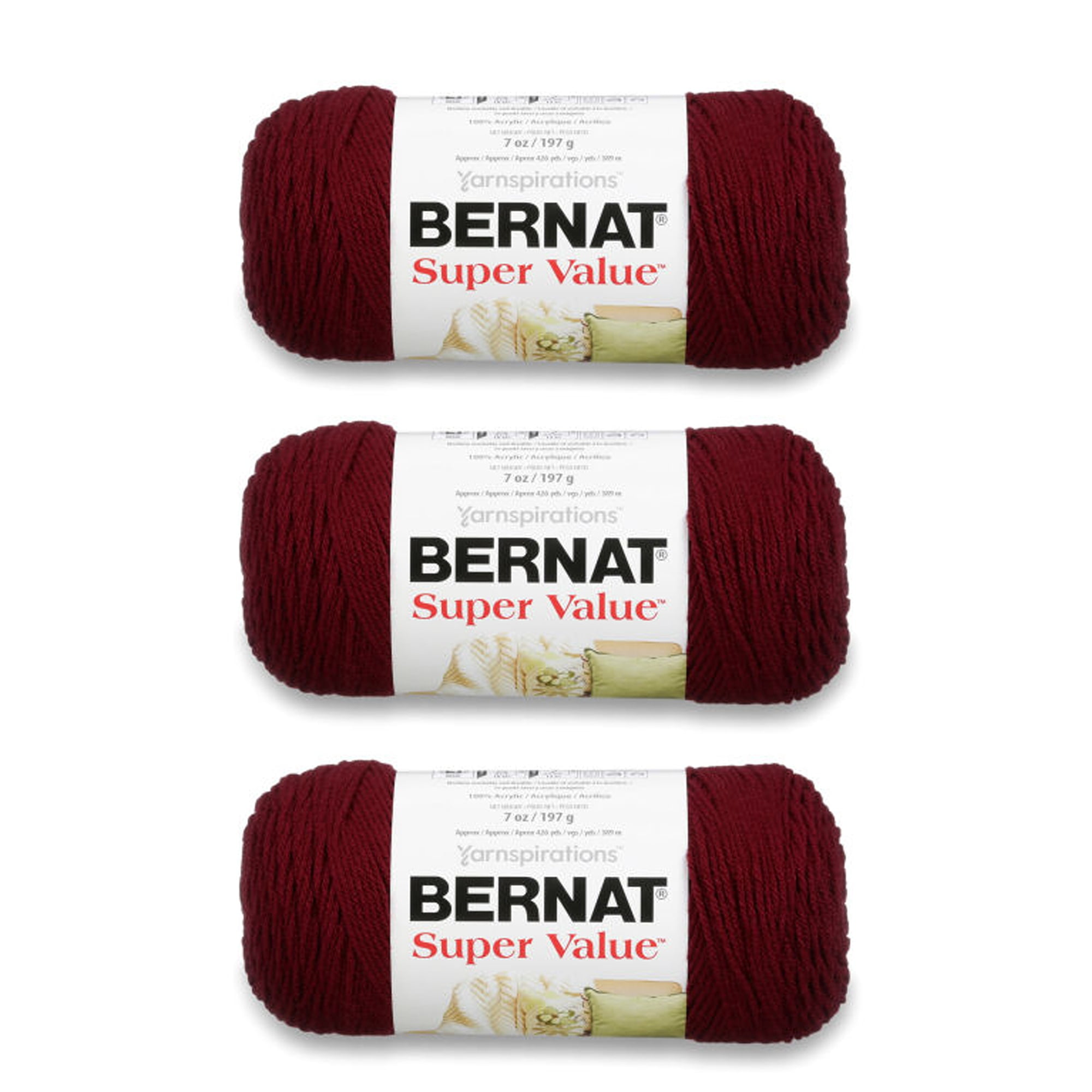 Bernat Super Value Burgundy Yarn - 3 Pack of 198g/7oz - Acrylic - 4 Medium (Worsted) - 426 Yards - Knitting/Crochet