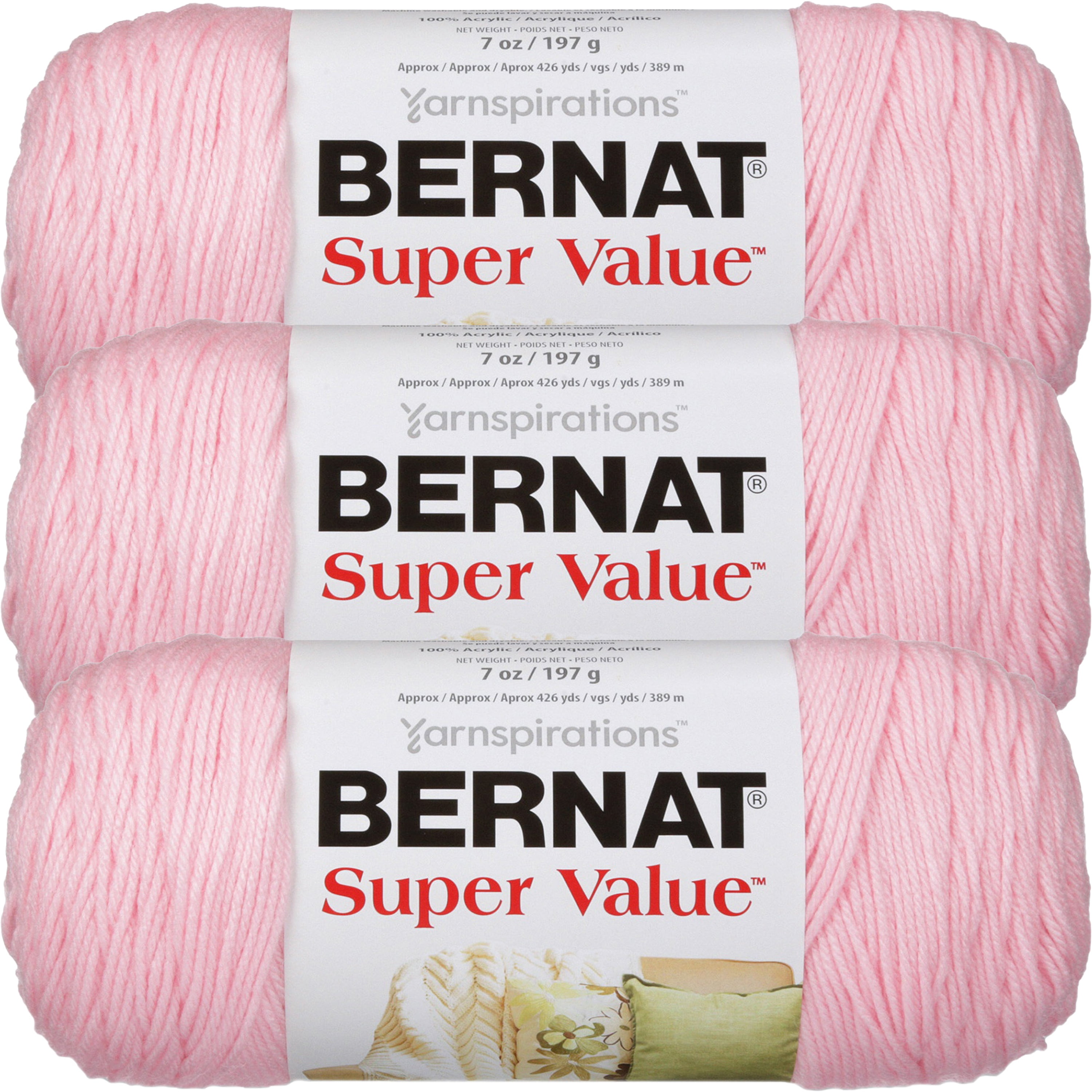 Bernat Super Value Solid Yarn -Baby Pink, Multipack Of 3