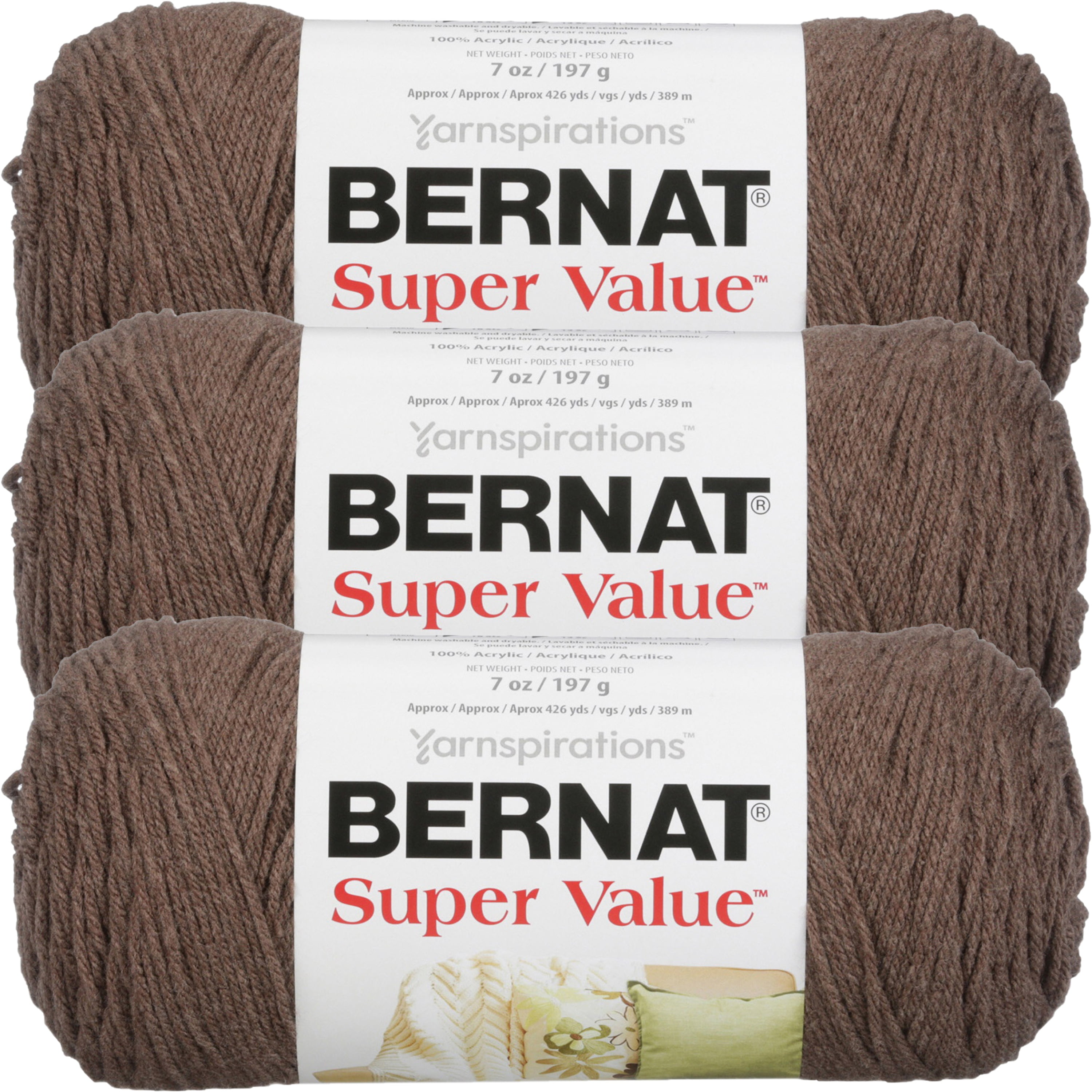 Bernat Super Value Solid Yarn-Taupe Heather, Multipack Of 3